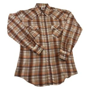 Jean Rive Vintage Western Pearl Snap Shirt Mens Medium Brown Orange Plaid Y2K